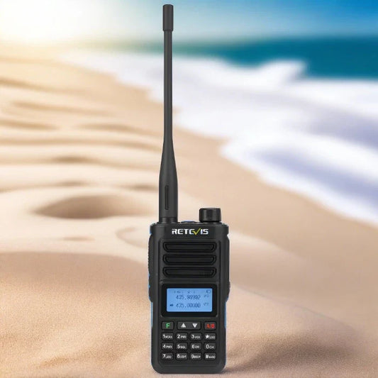 Black handheld two-way radio.