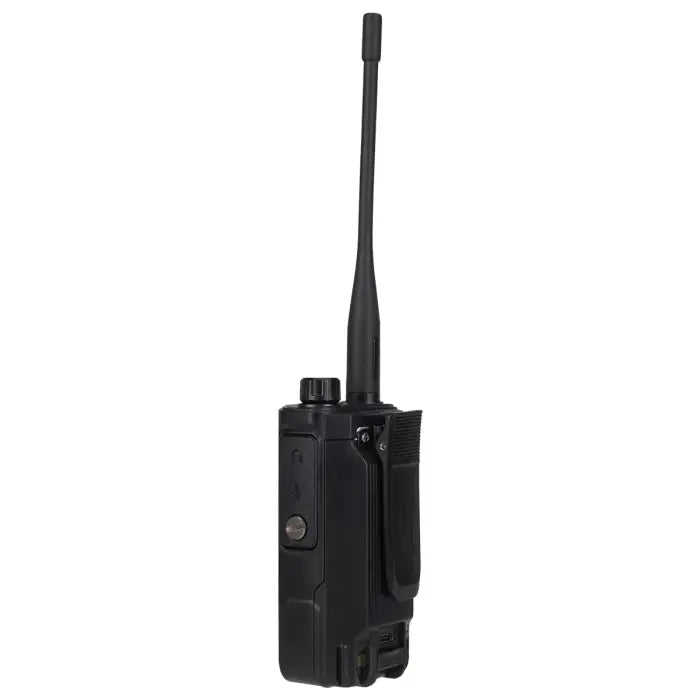 Black two-way radio with antenna.