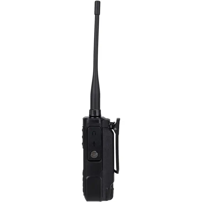 Black two-way radio with antenna.