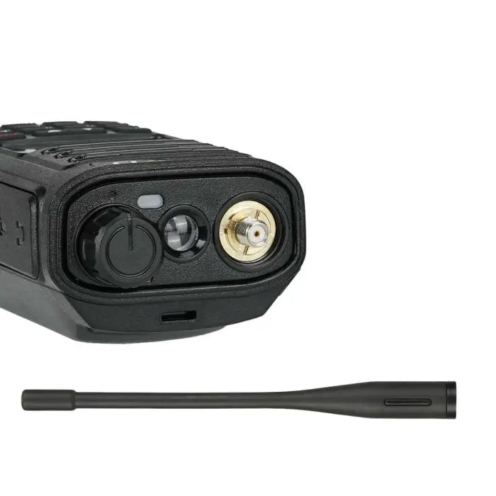Black two-way radio with antenna.
