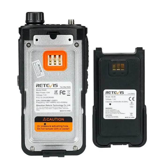 Two-way radio with removable battery.