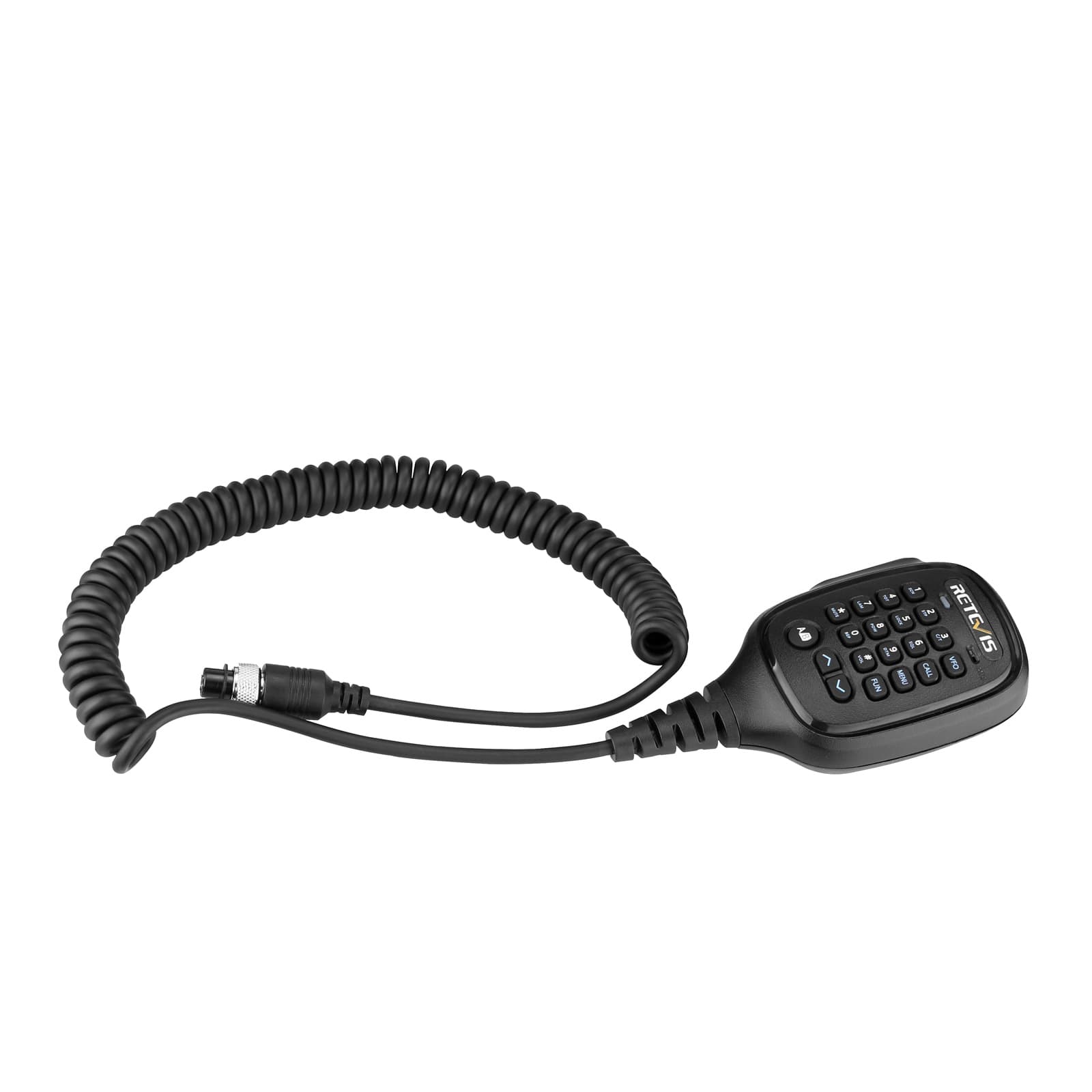 Black handheld microphone with coiled cord.