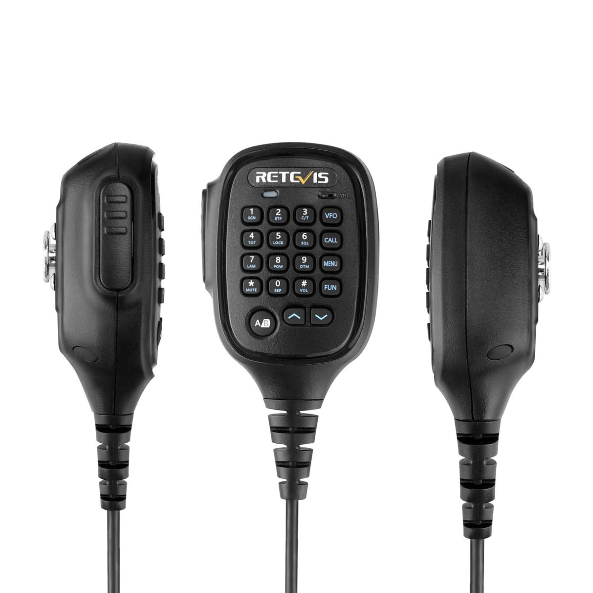 Black handheld microphone with keypad.