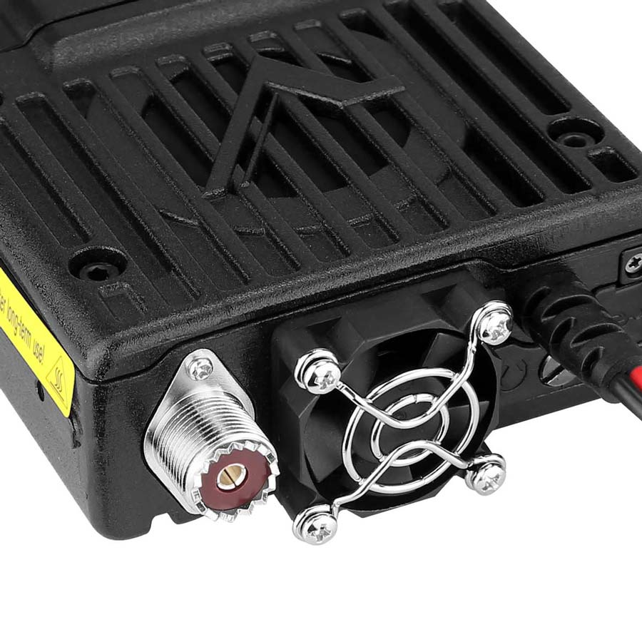 Black radio transceiver with cooling fan.
