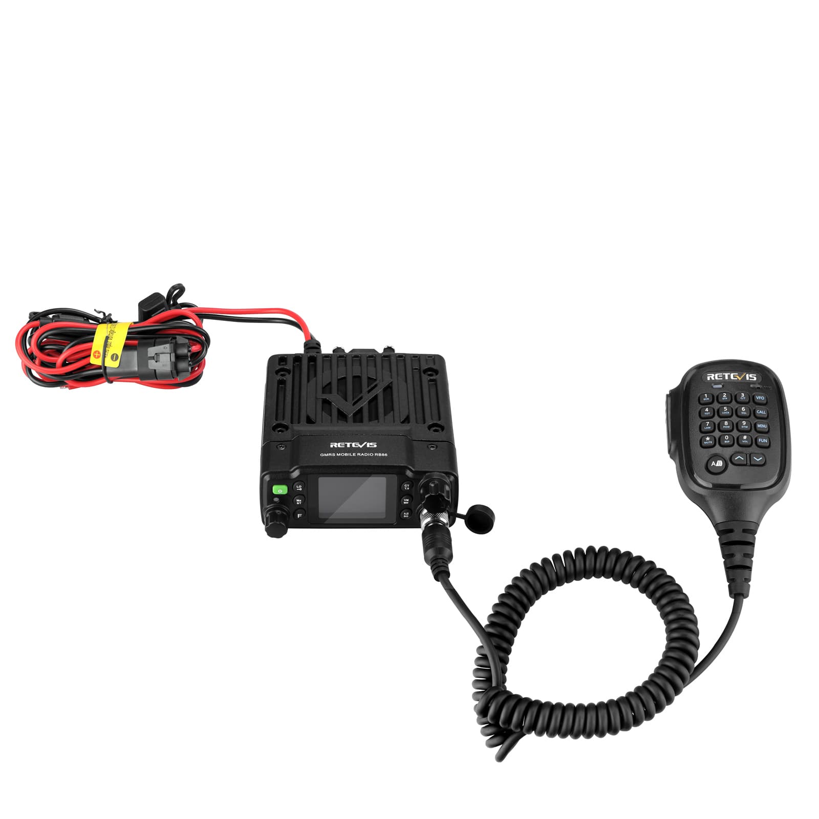 Black two-way radio with microphone.