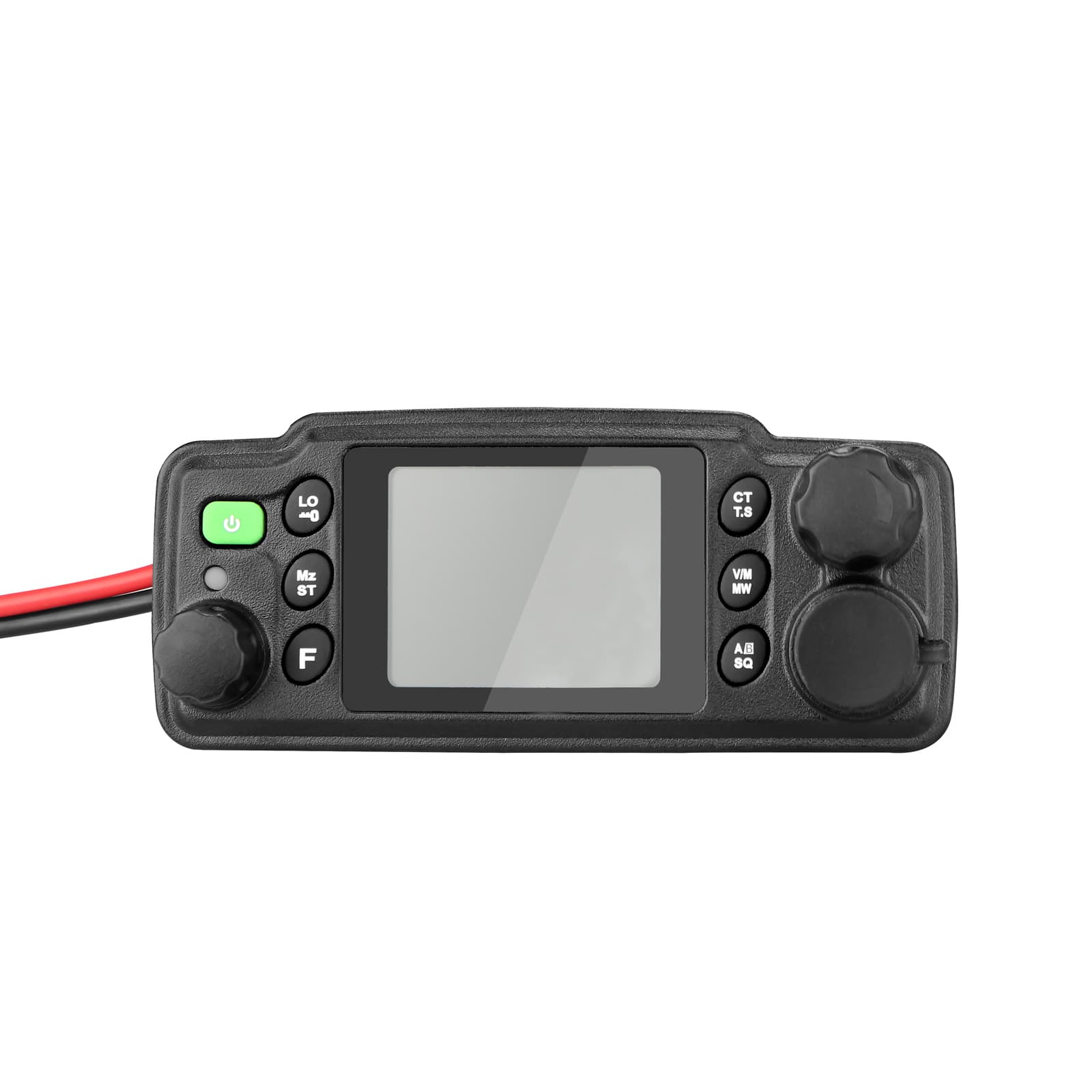 Black two-way radio with a screen.