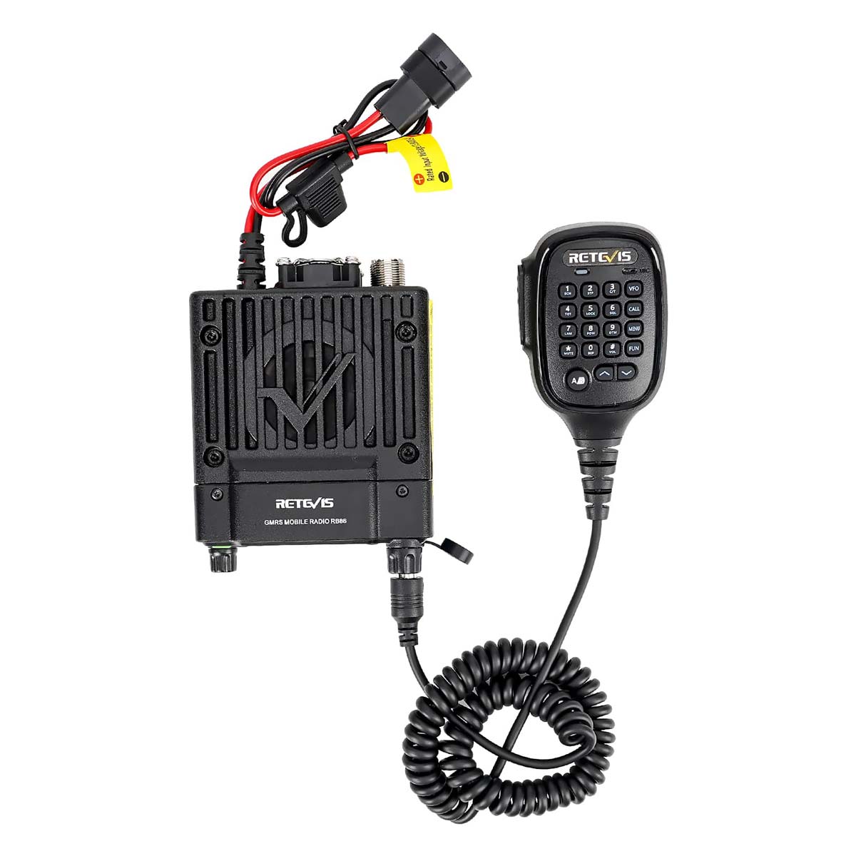 Black two-way radio with microphone.