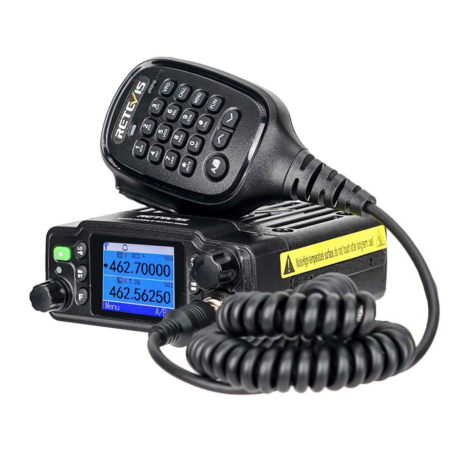 Black two-way radio with microphone.