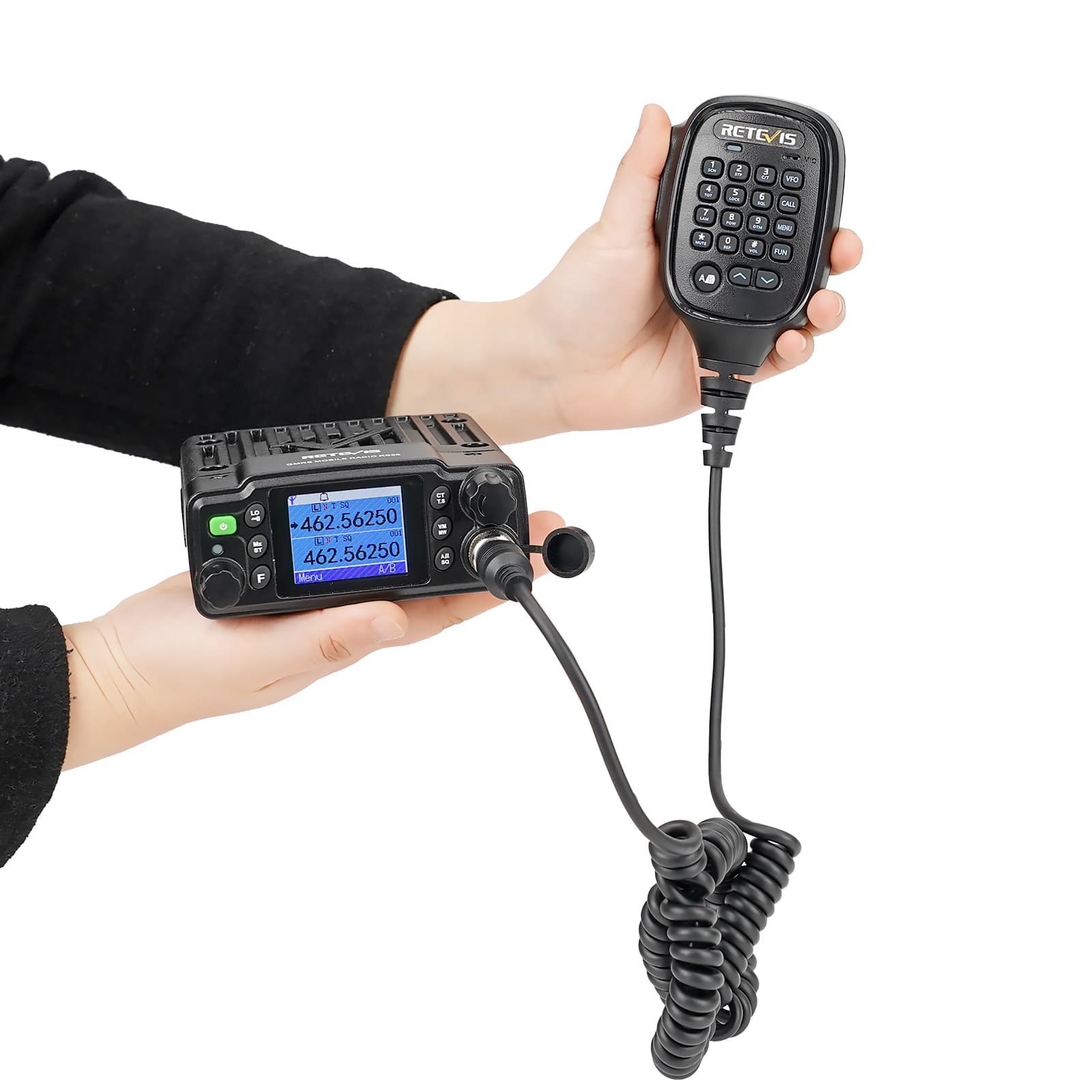 Black two-way radio with microphone.