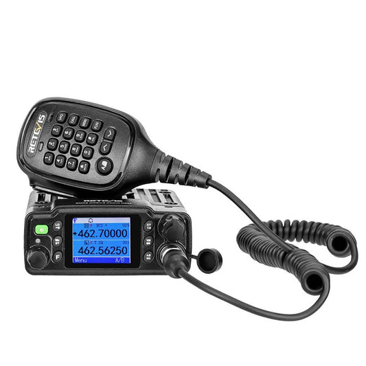 Black two-way radio with microphone.