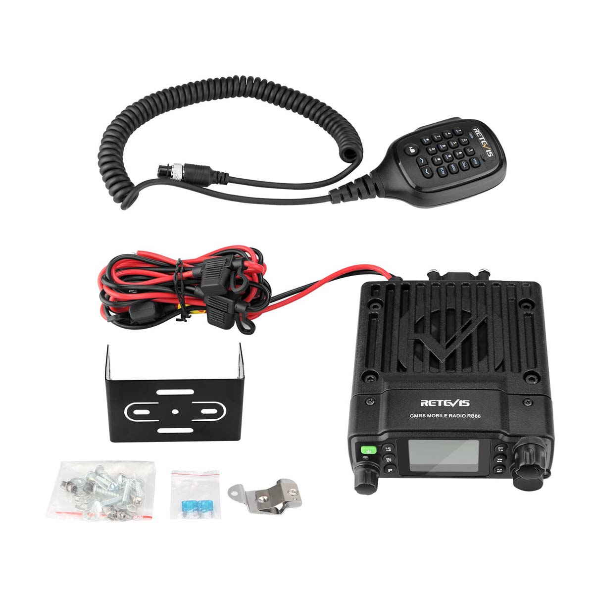 Black two-way radio with microphone and accessories.
