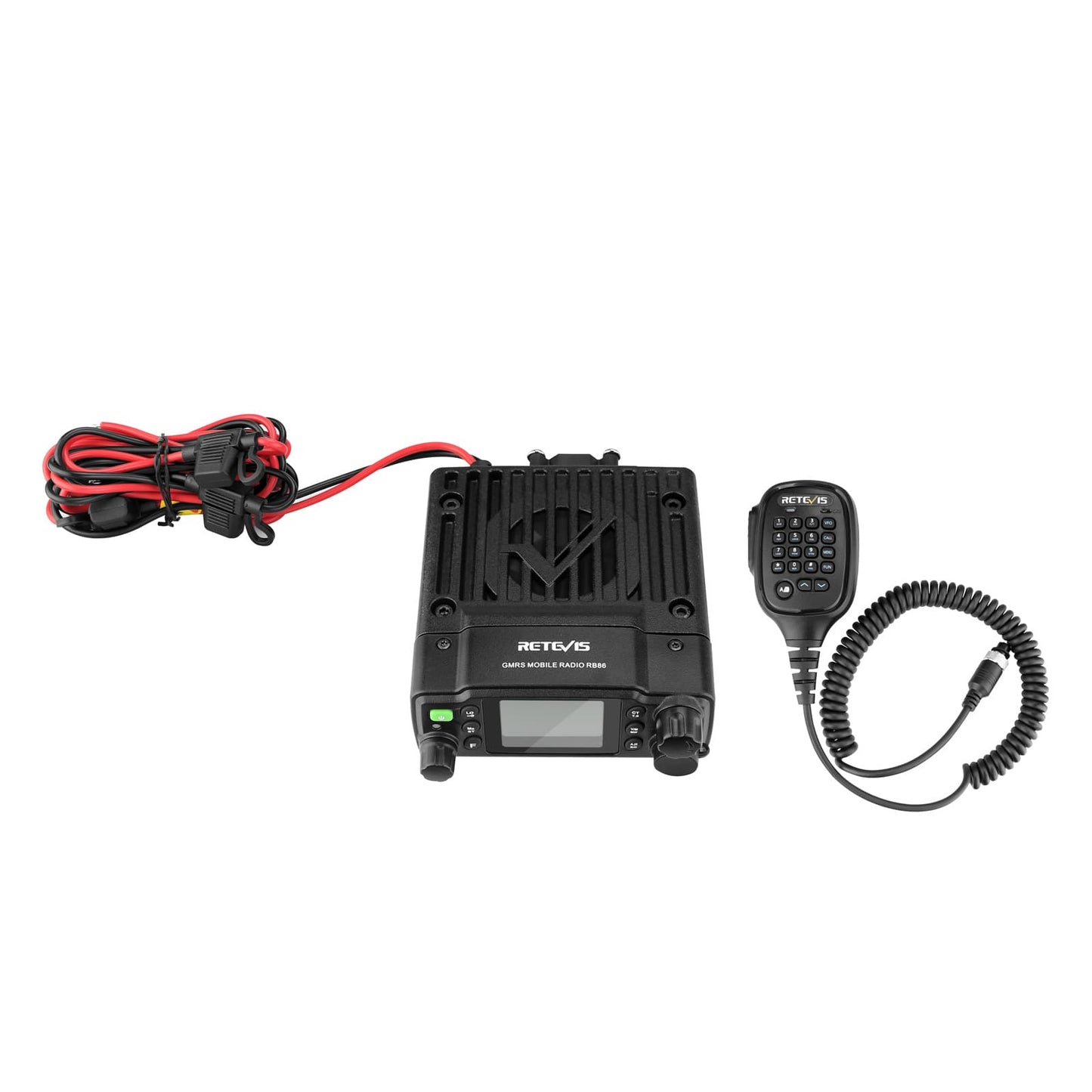 Black mobile two-way radio with microphone and power cable.