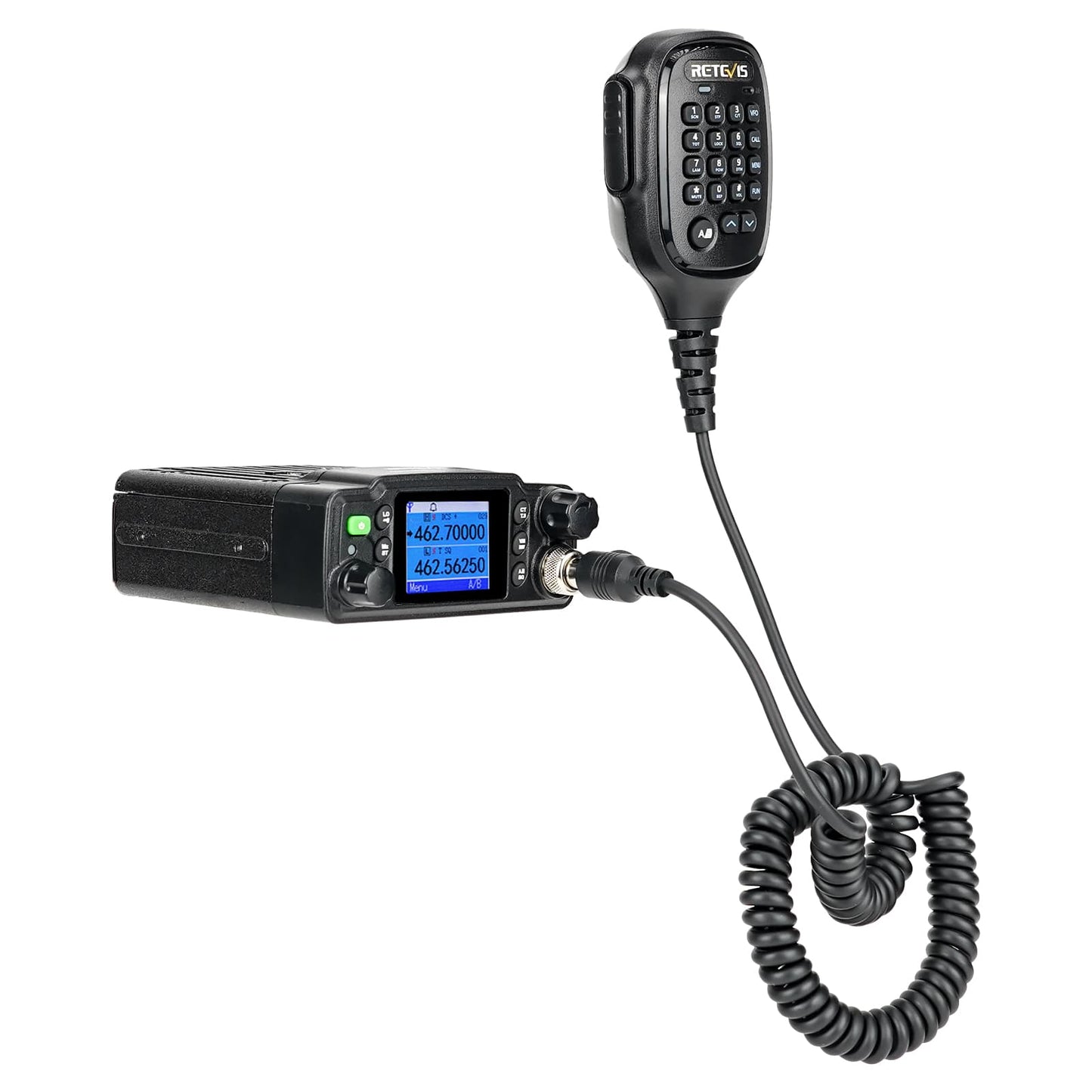 Black two-way radio with microphone.