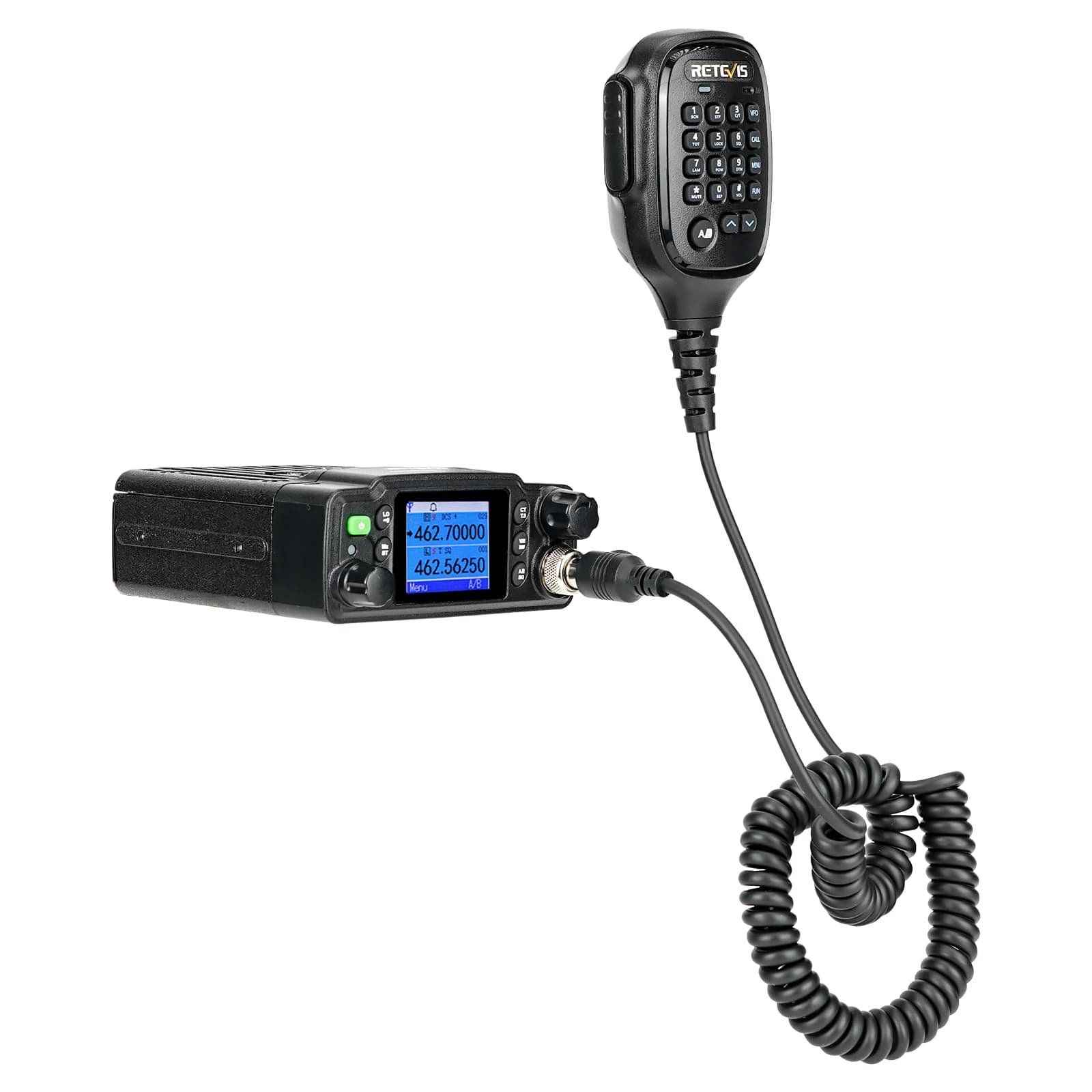 Black two-way radio with microphone.