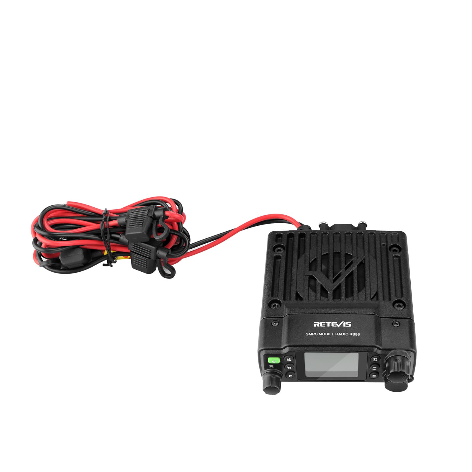 Black mobile two-way radio with power cable.