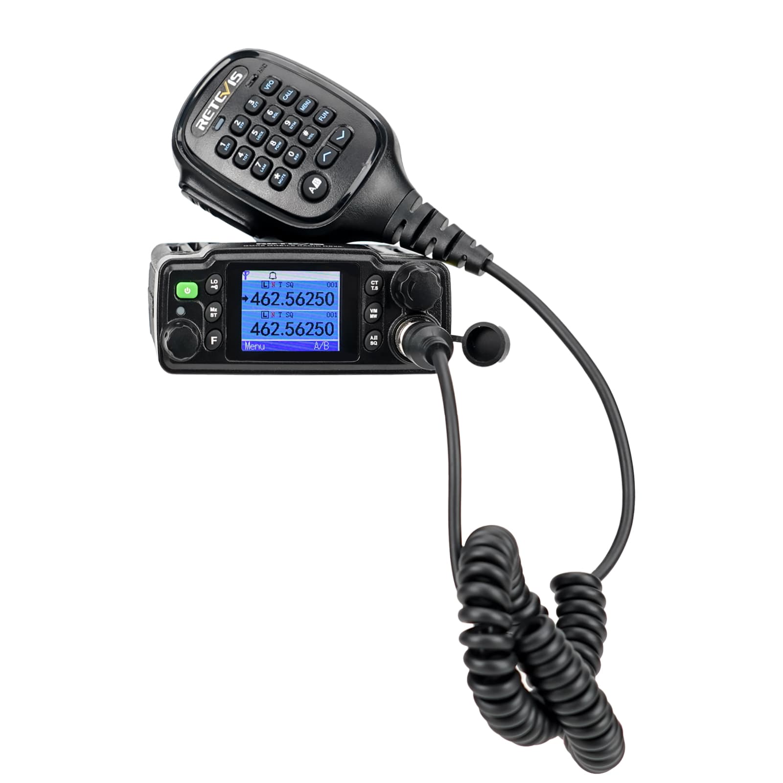 Black two-way radio with microphone.