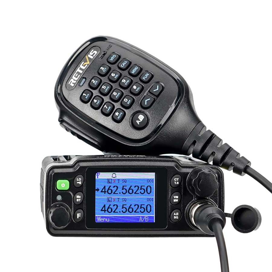 Black two-way radio with microphone.
