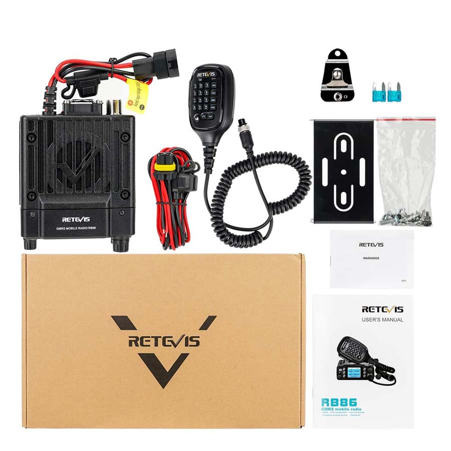 Retevis mobile transceiver and accessories.