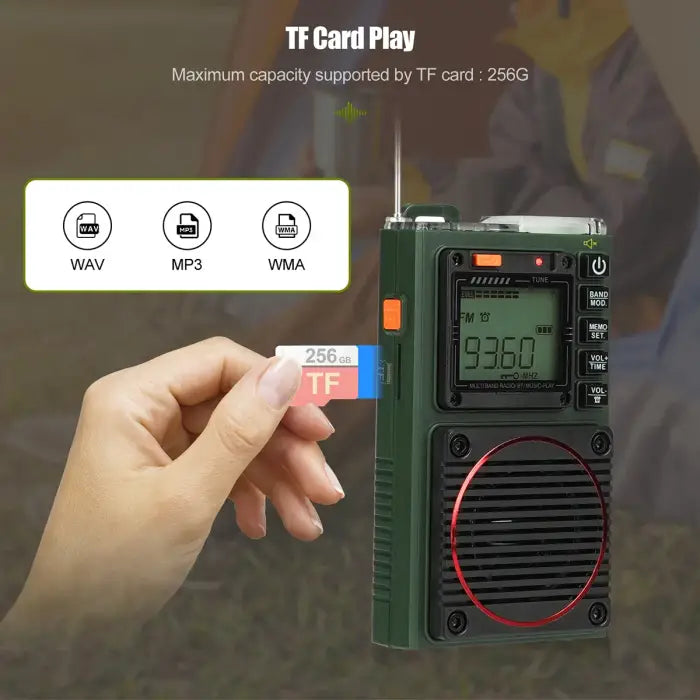 Green portable radio with TF card slot.