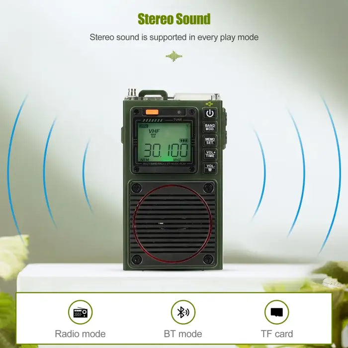 Green portable radio.