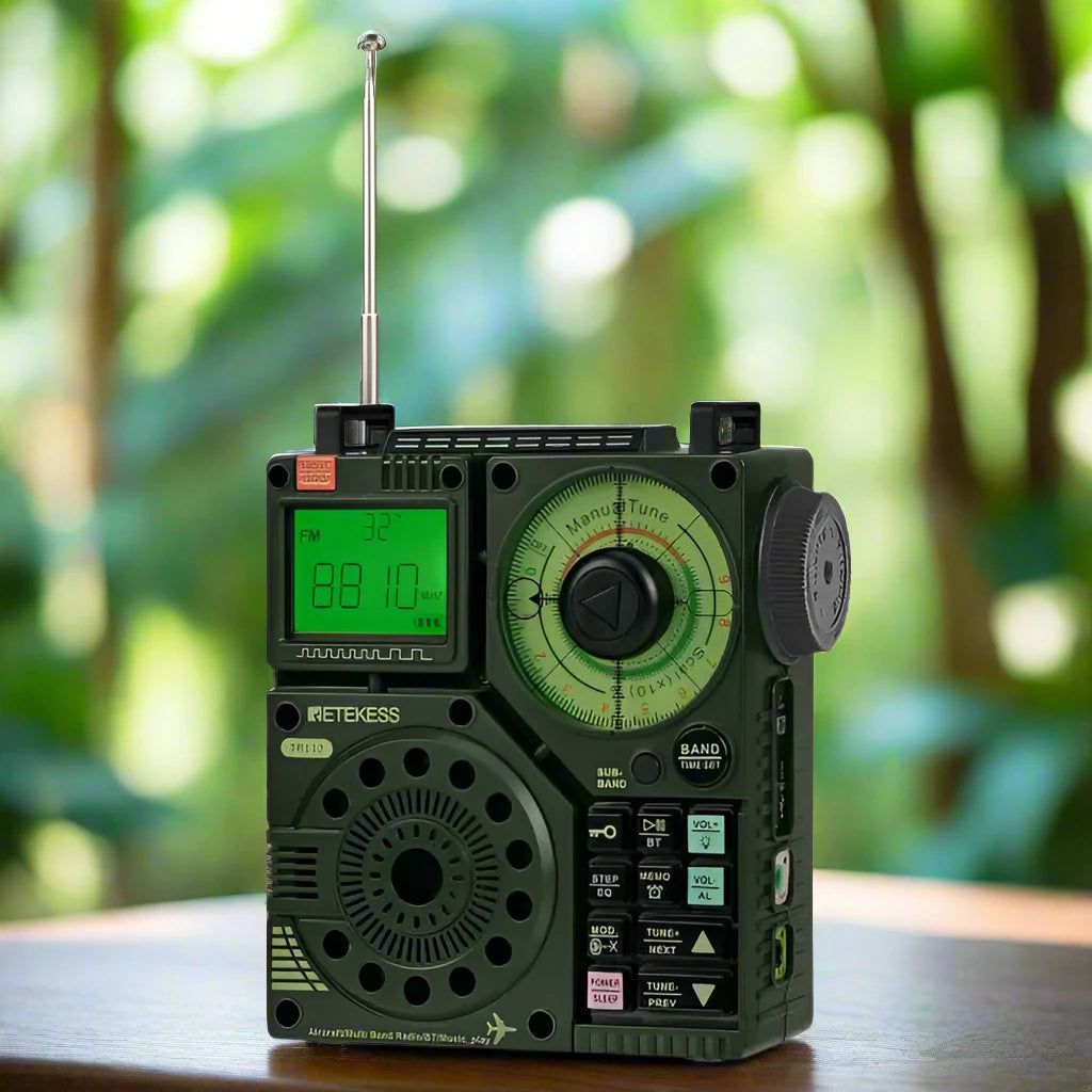Green military-style radio with antenna.