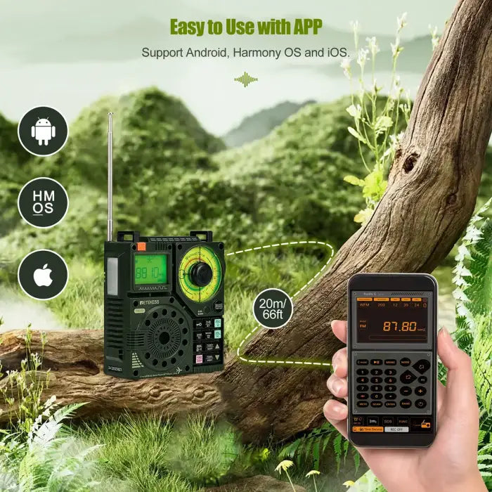 Green portable radio with smartphone app.
