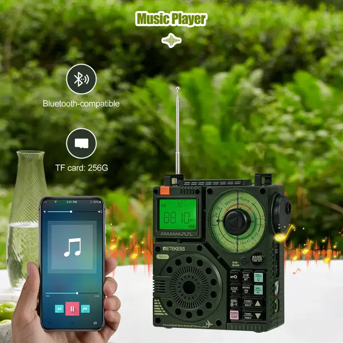 Green military-style radio with digital display.