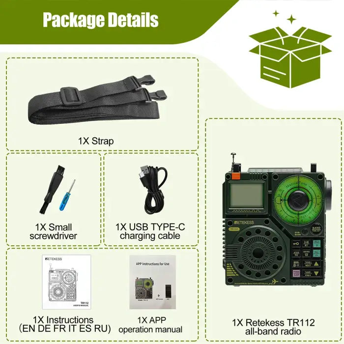 Retekess TR112 all-band radio and accessories.