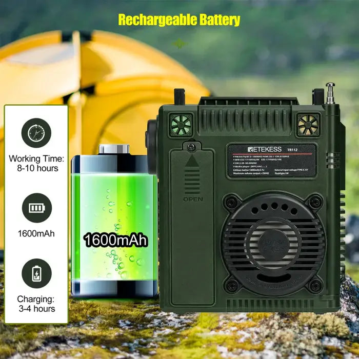 Green portable radio with battery information.