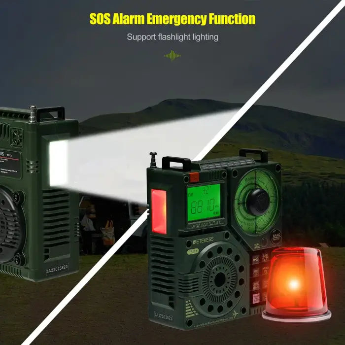 Green emergency radio with flashlight and siren.