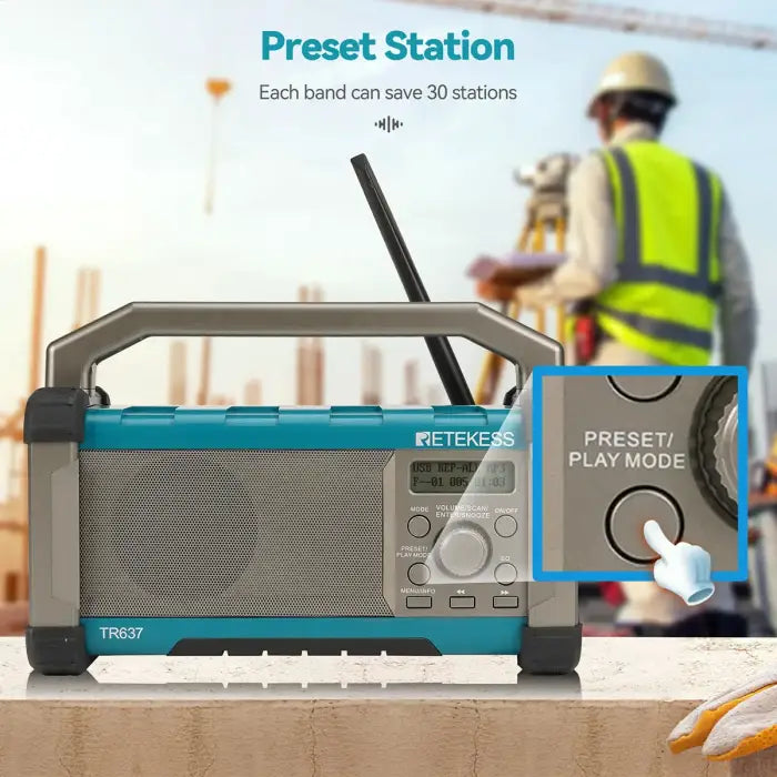 Teal and gray portable radio.
