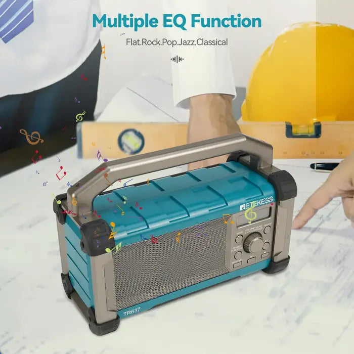 Teal and gray portable radio.