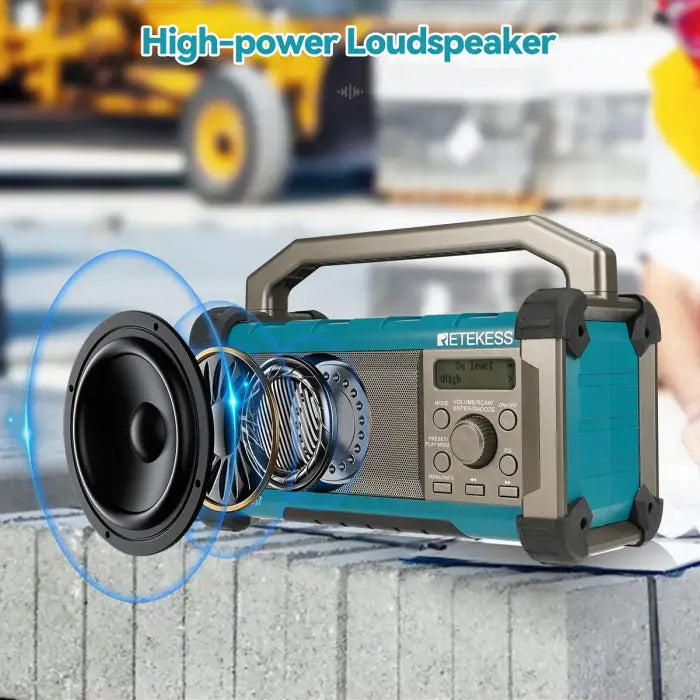 Teal and gray portable loudspeaker.