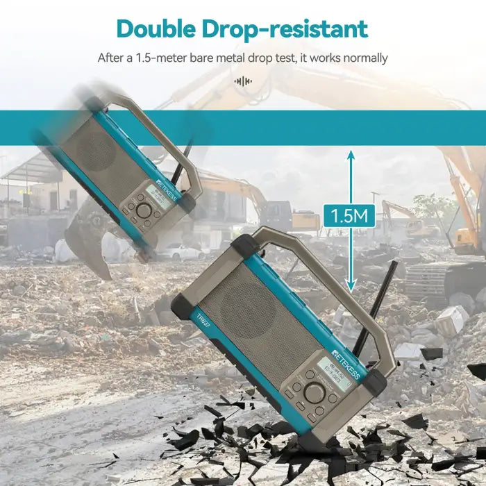 Drop-resistant blue and gray radio.