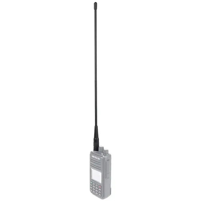Gray walkie-talkie with black antenna.