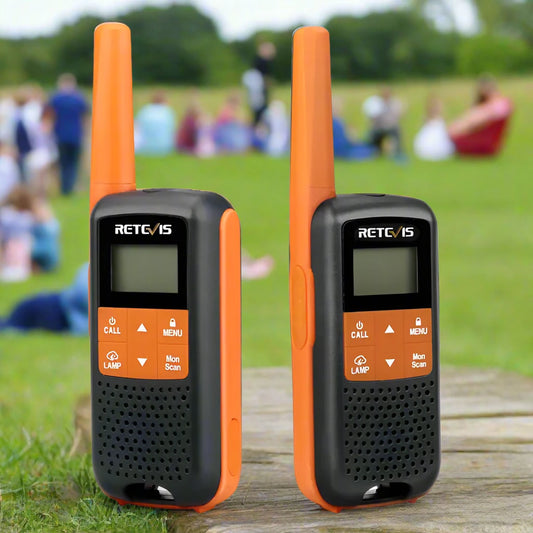 Two orange and black walkie-talkies.