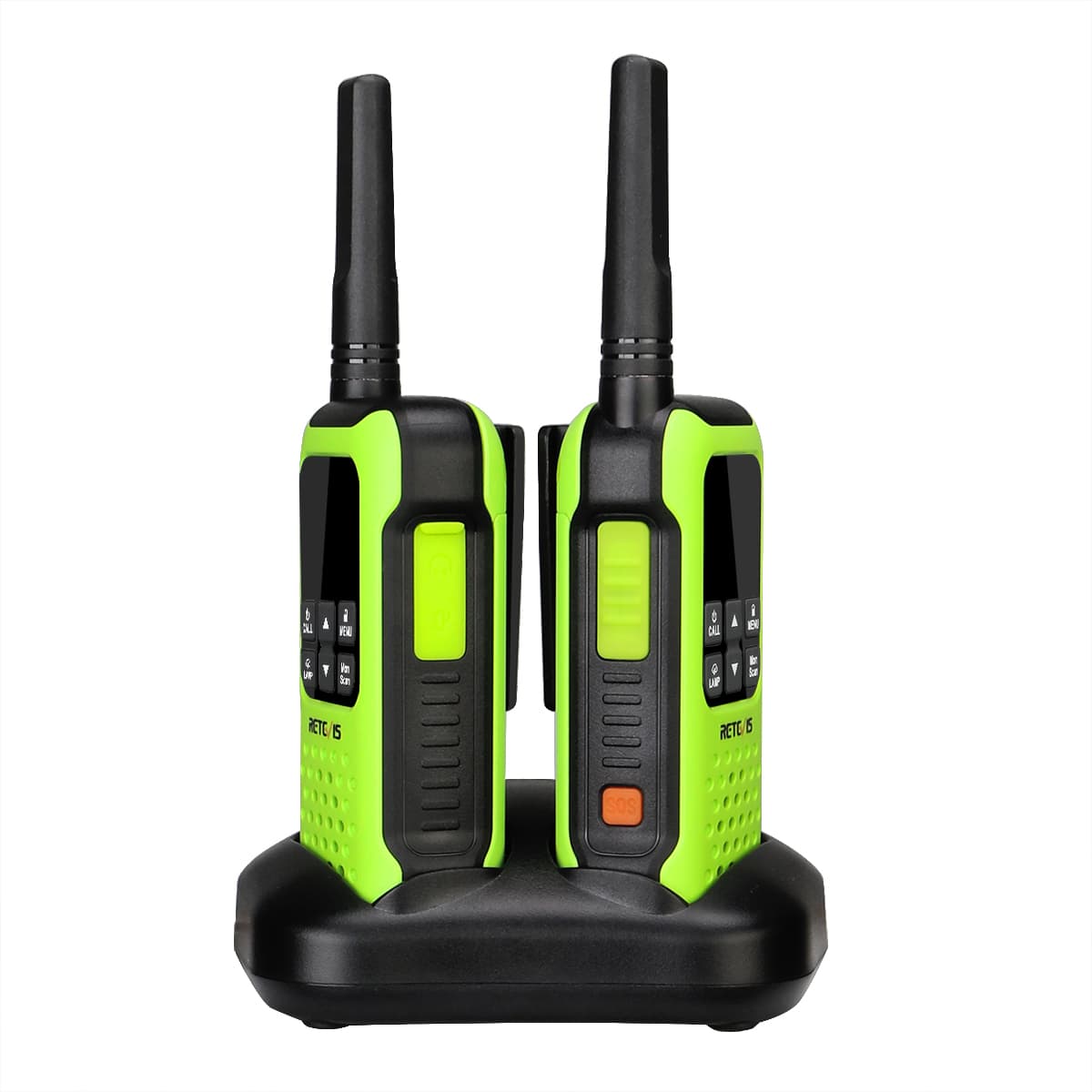 Pair of two-way radio walkie-talkies in a charging dock