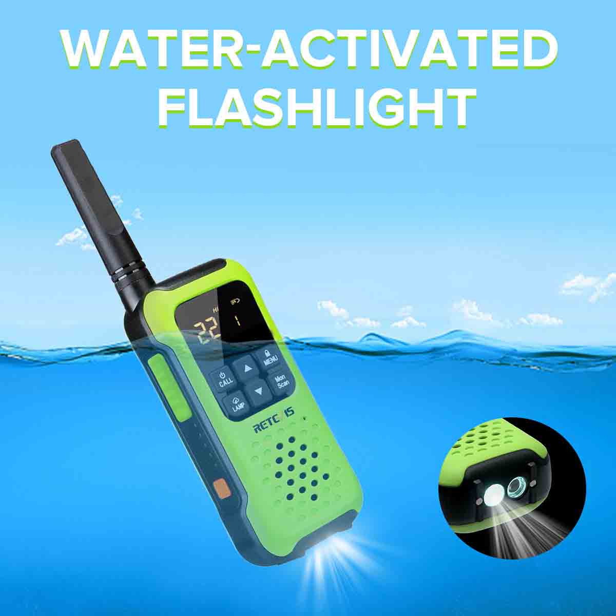 Water-activated, floating two-way radio with a built-in flashlight.