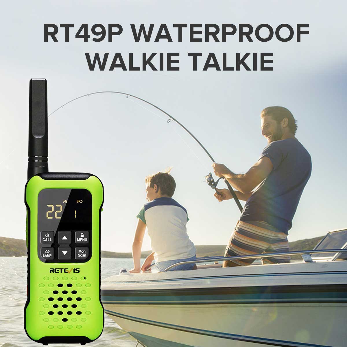 Green waterproof two-way radio with a screen and buttons.