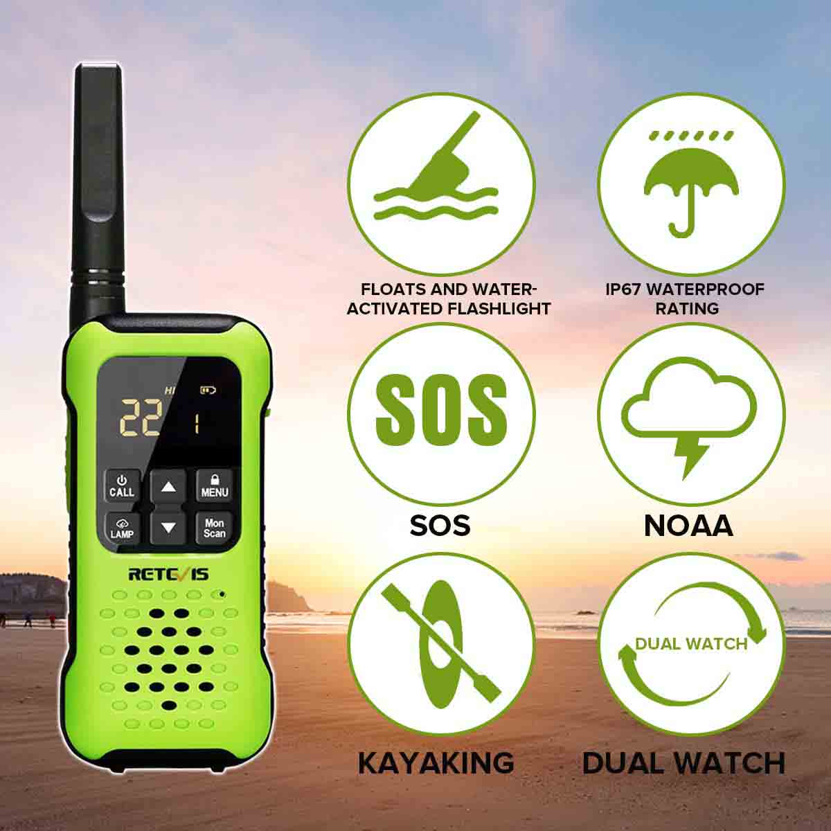 Lime green handheld two-way radio with survival features.