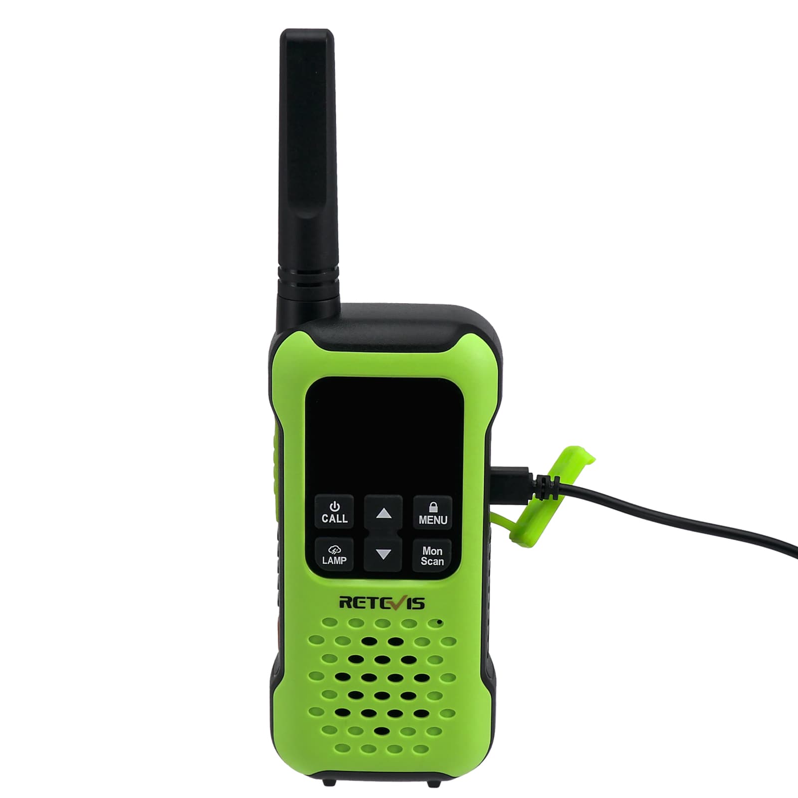 Lime green and black two-way radio with a connected charging cable.