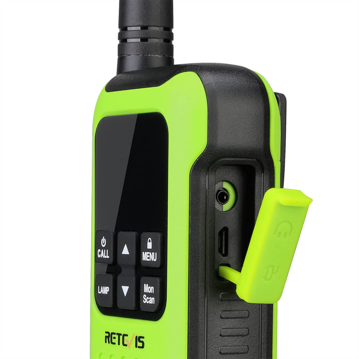 Lime green and black two-way radio with an open port cover.