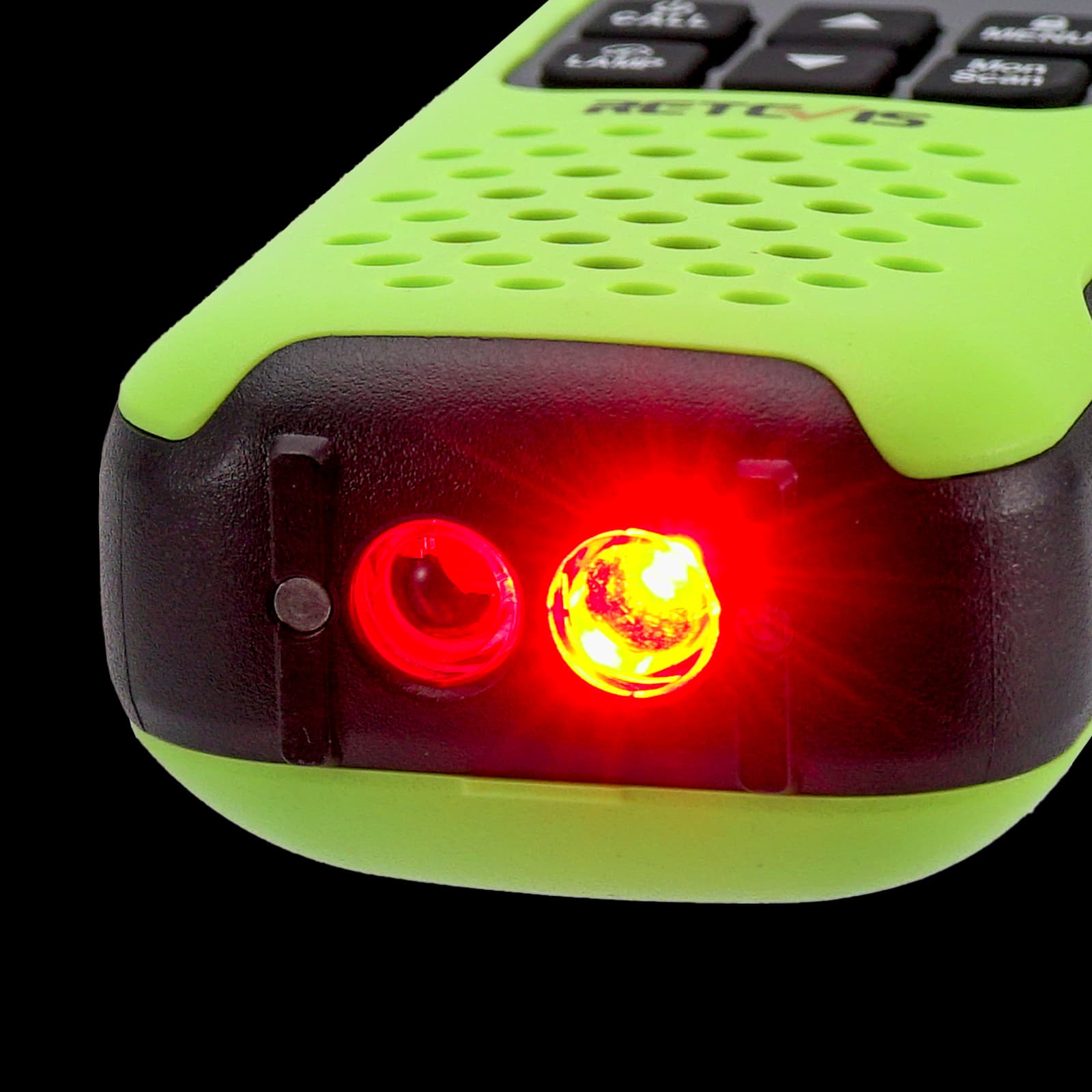A lime green and black two-way radio with an illuminated red and yellow light on top.