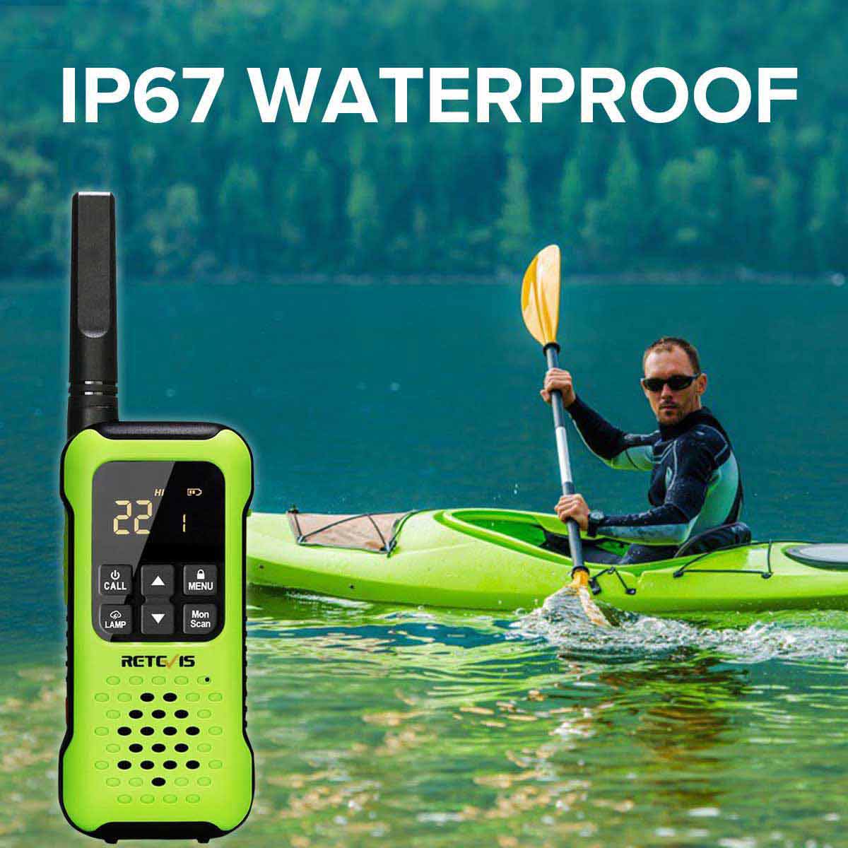 Green, waterproof two-way radio with an antenna and digital display.