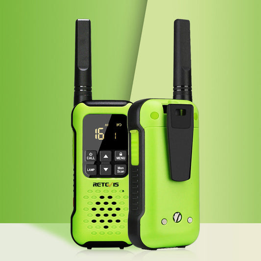 Two bright green walkie-talkies with black antennas and a digital display.