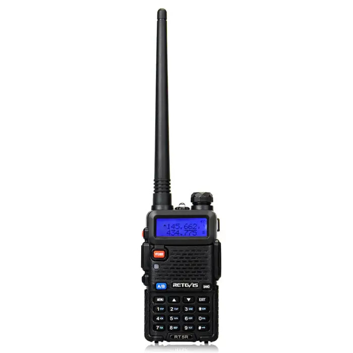 Handheld two-way radio with a long antenna and digital display.