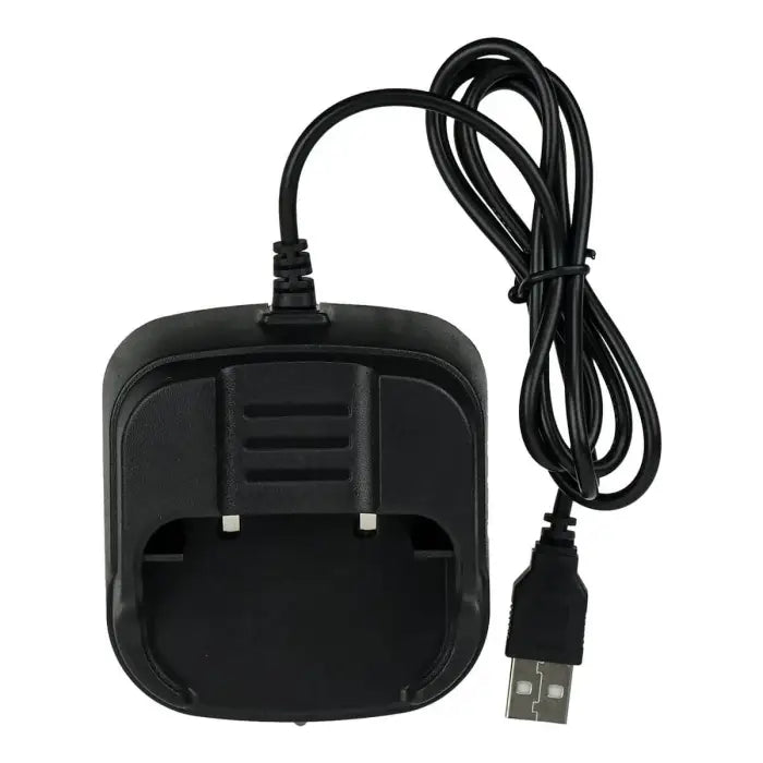 Black charging cradle with USB cable.