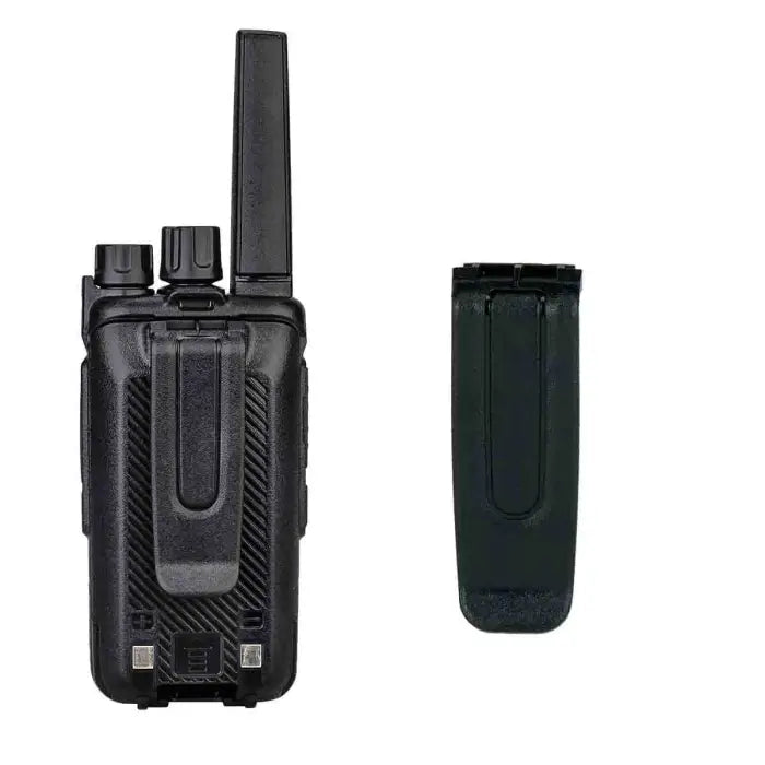 Black two-way radio with belt clip.
