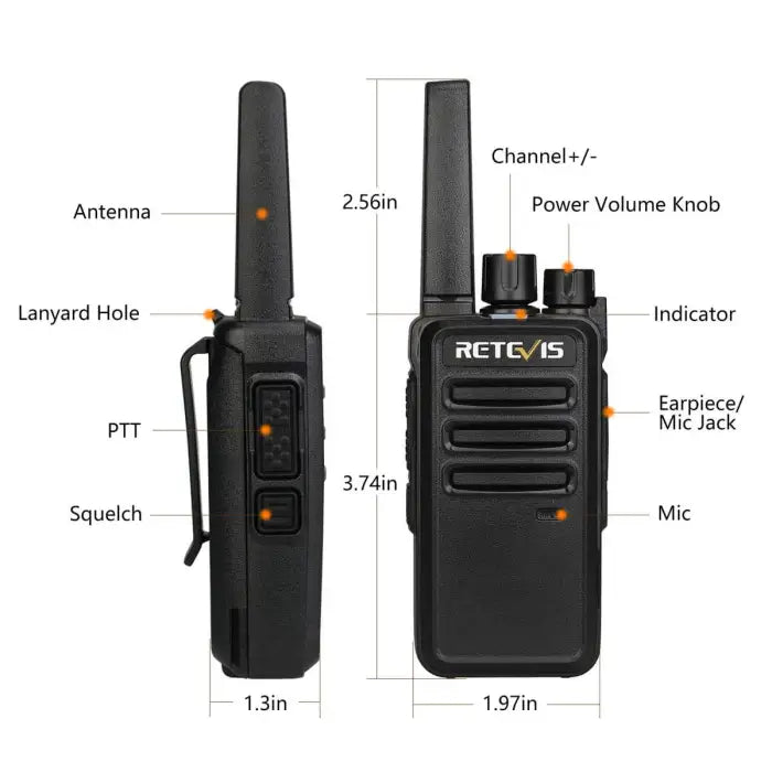 Black two-way radio with labeled features.