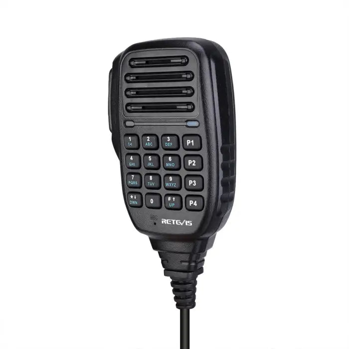 Black handheld microphone with keypad.